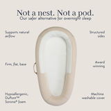 purflo Sleep Tight Baby Bed in Summer Sand, shown from above with a firm, flat base, structured sides and white mesh centre