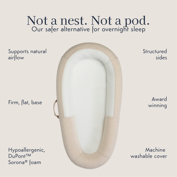 purflo Sleep Tight Baby Bed in Summer Sand, shown from above with a firm, flat base, structured sides and white mesh centre